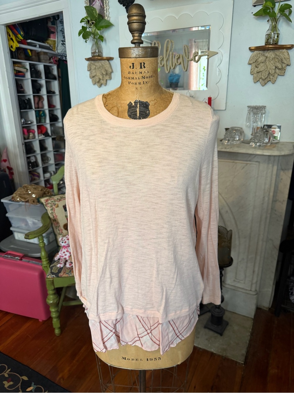 torrid Pale Pink Layered Plaid-Hem Long Sleeve Top